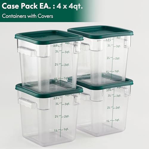4 Pack Food Storage Container with Green Lid - NSF Commercial Grade in 4.0 Qt - Square, Clear, Polycarbonate - color: 4.0 Qt 4-Pack(Green Lids)