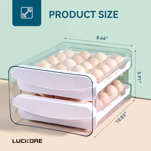 Luckore 2 Tier Egg Holder for Fridge Container for 40 Eggs with Drawer | Clear Stackable Egg Organizer Holder Tray for Fridge, Storage Container with Handles for Refrigerator, Countertop