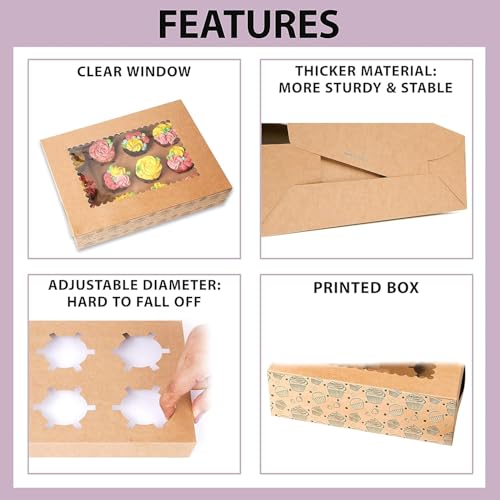 20-Pack Cupcake Boxes Bulk, Cupcake Holder with Lid, Disposable Cupcake Containers,Food Grade Kraft Bakery Boxes with Window to Fit 12 Cupcakes, Cookies,Muffins,Pastry, Long Treats