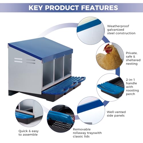 Chicken Nesting Box, 3 Compartment Roll Away Design for High-Volume Egg Collection and Easy Wall Mounting with Metal Legs - color: blue, size: 3 holes