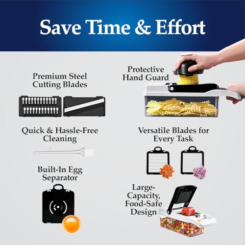 Vegetable Cutter 12-in-1, Multi-Purpose Vegetable Slicer and Chopper with 7 Interchangeable Blades, Container, Egg Separator, Hand Protector & Cleaning Brush – Vegetable Choppers & Salad Cutter