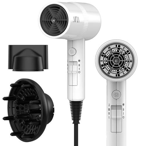 AINA Diffuser Hair Dryer Full-Featured Blow Dryer 110V/1600W(White) | 3 Heat/2 Speed;Cold shut button;Lightweight;Compact Size;High Temp;Low Airflow;Same Results;Less Expense - color: White, size: 3 Piece