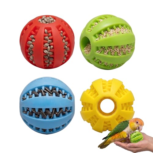 4 Pcs Silicone Bird Foraging Toys, Treat Dispenser Balls with Flexible Gaps for Conures, Parakeets and Cockatiels, Easy to Clean Pet Enrichment Feeder, Red Blue Yellow Green, 2x2 Inches