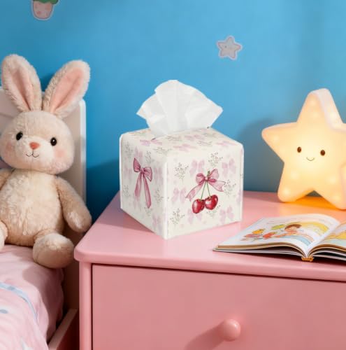 Watercolor Pink Bow Cherry Tissue Holder, Coquette Decor Gift | 5.2Inch Coquette Pink PU Tissue Box Cover, Decor for Vanity,Bedroom,Restroom & Dorm, Birthday & Girls Holiday Gift - color: White Decoration Theme-13