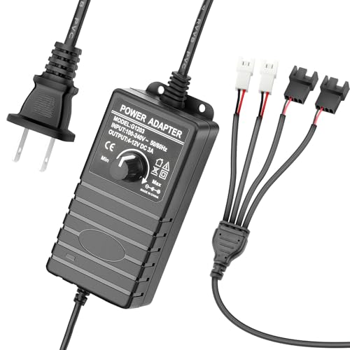 2Pin/3Pin/4Pin PC Fan 12V Speed Controller Adjustable 36W Power Supply, AC 110V-240V to DC 5-12V, Multi-Voltage Fan Power Supply Regulated Adapter (FC-2/3/4P