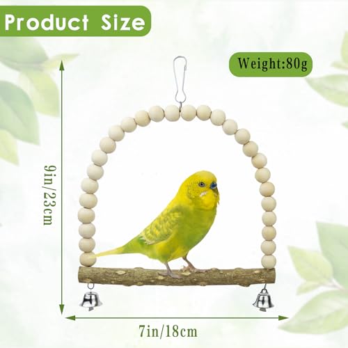 Wooden Bird Swing, 9 Inches Hanging Bird Cage Perches with Playing Bell, Natural Bird Chew Toys Boredom Breaker Bird Toys for Parakeets, Budgie, Cockatiel (Macaron Colors, L) - color: Macaron Colors