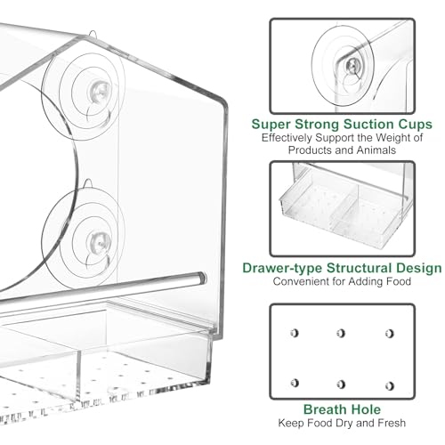 Window Bird Feeder with Strong Suction Cups - Slide-Out Tray | House shaped clear acrylic, 2.36" large suction cups, bird feeder for window viewing, relaxing cat TV gift for moms - color: Clear