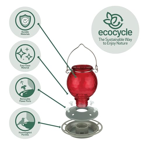 Crimson Comb Recycled Glass Hummingbird Feeder for Outdoor Décor, 16 Ounce Capacity Nectar Feeder, 4 Removable Easy Clean Ports, Red - style: Crimson Comb