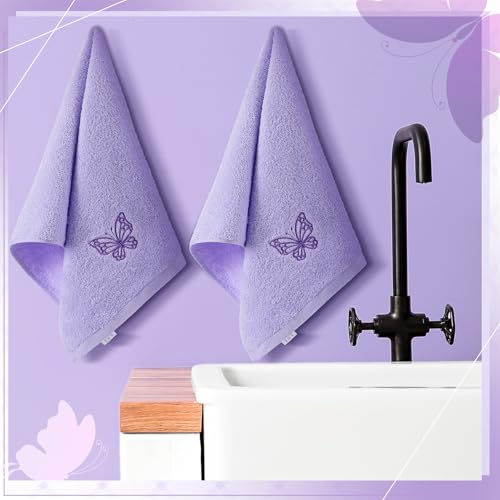 SmoothNovelty 2 Pcs Butterfly Hand Towels Purple Bathroom Decor 14x29 Inch | Embroidered Bathroom Hand Towels, 100% Cotton, Soft Absorbent, Purple Butterfly Bathroom Kitchen Decor - style: Butterfly
