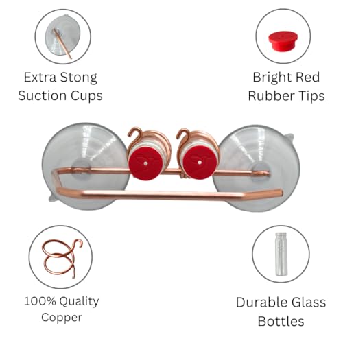 Duo Feeder | Window Hummingbird Feeder | Copper and Aluminum | Multiple Stations | Modern Hummingbird Feeder | Glass Bottles | Suction Cups (Copper, Two Station - Wide Perch) - size: Two Station - Wide Perch
