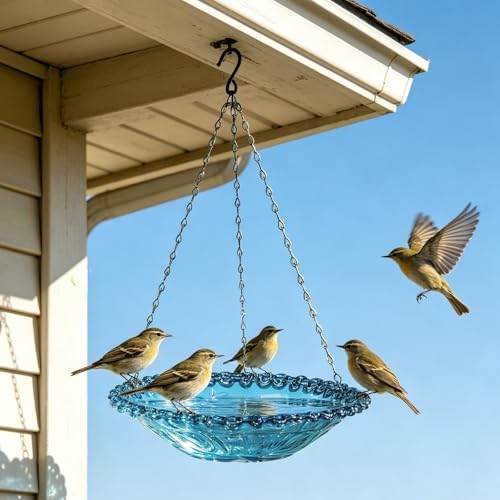 4-Pack Plastic Hanging Bird Bath and Feeder Bowls, Blue | Four hanging bowls serve as shallow bird baths, water dishes, or seed trays for gardens, patios, yards, and balconies. - color: 4Pack Blue
