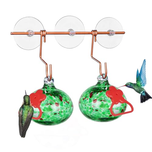 Pozfun Set of 2 Hummingbird Feeders for Outdoors Hanging,Hand-Blown Glass Hummingbird Feeder with Silicone Feeding Perch,Never Leak,Gardening Gifts for Woman Man(Red) - color: Dotted Green