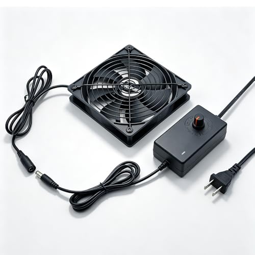 120mm AC Computer Cooling Fan, 110V-240V Speed Controller, for PC, Router | Wall plug exhaust with 5ft cord, metal guard, 25mm thick, for AV cabinet, receiver, amplifier, electronics, and greenhouse