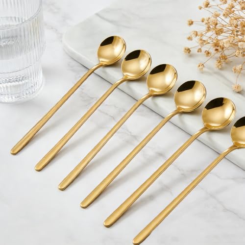 Long-handled Mirror-Finish Small Round Stainless Steel Spoon, Suitable for Scooping Bird's Nest, Honey, Coffee, Milk Powder, Sugar, Cocoa Powder and Other Foods & Desserts (6pcs 5.9", Gold-Plated) - size: 5.9in, style: 6Pcs Gold-Plated