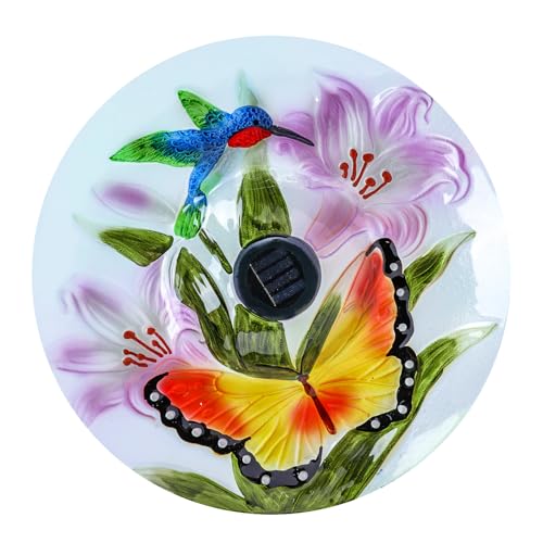 MUMTOP Outdoor Glass Bird Bath Solar Birdbath with Metal Stand Garden Decor | 20" H 16" D Garden Hummingbird Butterfly Large Glass BirdBaths Bird Feeder Bowl with Solar Light for Lawn Yard Garden Decor - color: Orange-Green