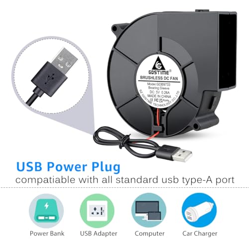 GDSTIME DC 5V USB Powered 97mm x 33mm Blower Fan, L/M/H 3 Speed Controller | 9733, Brushless, Squirrel Cage, Centrifugal, for Receiver DVR Xbox Modem AV Cabinet Cooling - size: 97mm x 33mm
