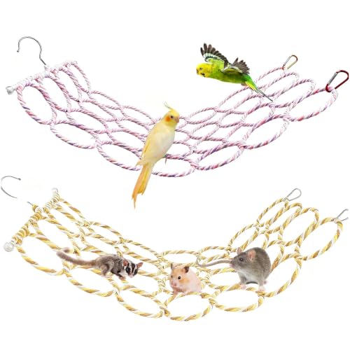 2 Pcs Bird Swing Climbing Rope Net Toys 14" x 24" Parakeet Hemp Rope Perch Swing Ladder Bridge Hanging Hammock Small Animal Activity Toy for Parrot Lovebirds Hamster Mice Rat Ferret (Random Color) - size: 2Pcs