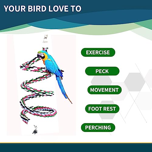 65inch Cotton Bendable Rope(Plus 1 Set 3 Steel Bells) Perch Swing Bird Chew Toys Amazon Parrots Cage Toys with Bell Swing Climbing Standing Bungee Bird Toys for Large to Regular Size Birds - size: 65 inches (1 piece)
