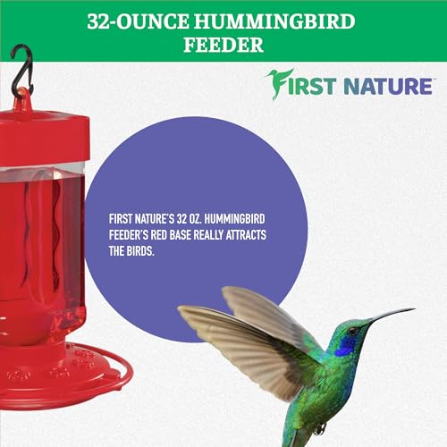 First Nature Hummingbird Feeder - 10 Feeding Ports - Red Base | Wide Mouth Prevents Messy Spills - Sealing Ring Prevents Bottom Leaks - Multi-Port Base Accommodates Flocks - size: 32 Ounce