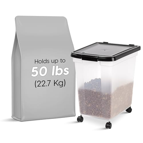 IRIS USA Dog Food Storage Container, Up to 50 lbs, Black, Made in USA | Wheels for Mobility, Airtight Seal, BPA-Free, Best for Bird Seed, Cat food, Cat Litter, Chicken Feed, Pellets - color: Black, size: 50 lbs