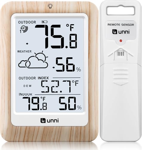 Indoor Outdoor Thermometer Wireless Weather Station, Temperature Humidity Monitor Battery Powered Inside Outside Thermometers with 330ft Range Remote Sensor and Backlight Display（Wood） - color: Wood