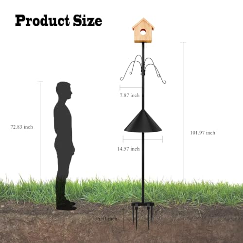 INGIORDAR Bird Feeder Pole with Squirrel Baffle Shepherd Hooks 101.97 in | Bird Feeder Pole with Squirrel Proof Baffle Bird Feeding Station with 4 Shepherd Hooks Garden Yard Bird House Not Included
