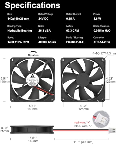 GDSTIME 24V 140mm x 25mm Fan 2 Pin, 140x140x25mm Brushless DC Cooling Fans | for PC Case, Power Supply, 3D Printer Motherboard Cooling - size: 140x25mm