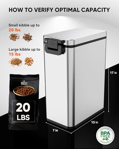Courpal® Stainless Steel Dog Food Storage Container, 20lb/15lb Pet Food Bin | Dry Pet Food Container with Lids Airtight for Cat Dog Bird, 15L/4 Gal Stackable Metal Large Sealed Animal Food Bin with Scoop