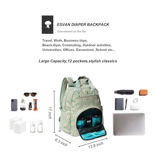 Diaper Bag Backpack Corduroy Multifunction Baby Fashion Travel Pack office Laptop Bag - color: Matcha Daisy