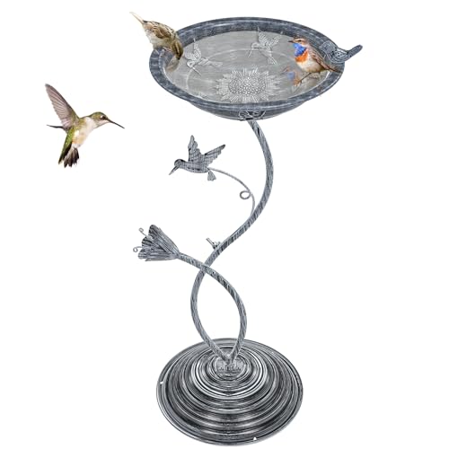 Bird Bath Garden for Outside, Vintage Metal Birdbaths Bowl with Roman Pedestal for Outdoors, Standing Bird Bath Bowl Birdfeeder for Yard Lawn Decor (Vintage Silver - Hummingbird) - color: Vintage Silver - Hummingbird