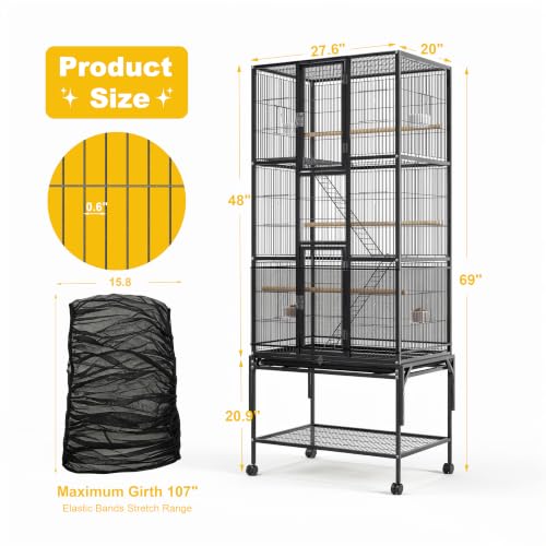 69-Inch Large Bird Cage with Dust Cover,Extra Large Bird Cages for Parakeet | Birdcages for Cockatiels Quaker Conure Lovebird Finch Canary Small Medium Parrot with Rolling Wheels,Black - color: Black