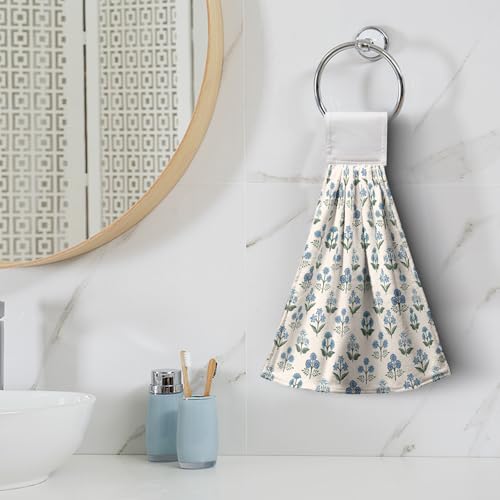 Blue Green Floral Summer Hanging Kitchen Towels Vintage Flowers Hand Towel with Hanging Loop Farmhouse Decorative Bath Tie Towels Soft Absorbent Fingertip Dish Cloth Set of 2 - color: Blue Green Floral