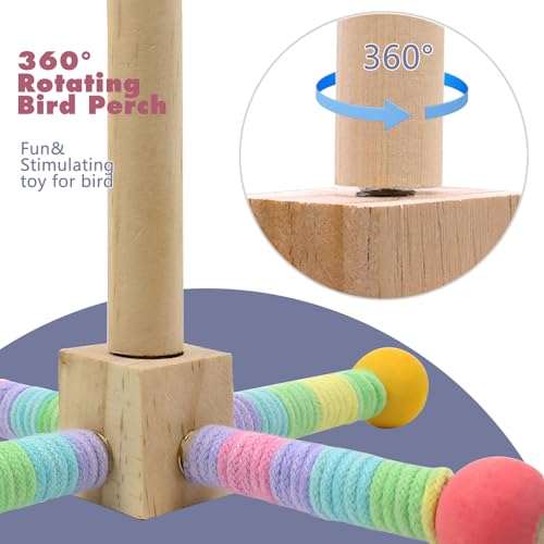 Upgraded Parrot Perch Toy,Rotating Bird Perch Stand with Chew Ball Toy for Small&Medium Birds,Bird Cage Accessories for Parakeets Cockatiels Lovebirds Conures Finches Budgies (Rainbow Colors)