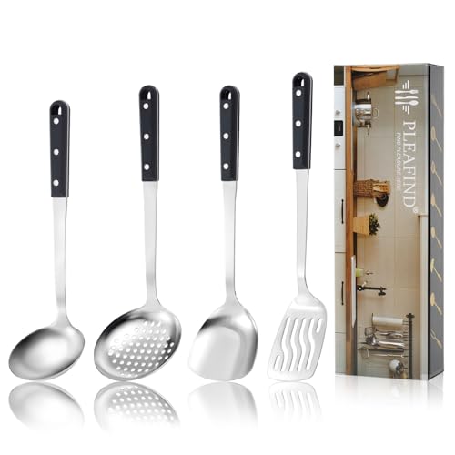Pleafind 4-Pcs Cooking Utensils Set, Stainless Steel Kitchen Utensils, Mirror Polished Kitchen Essentials Set Include Wok Ladle, Slotted Spoon, Wok Spatula ＆Slotted Spatula, Dishwasher Safe - color: 4P-Grey