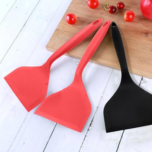 2Pcs Silica Gel Wok Spatula, Black & Red, Style 1 | Wide Pancakes Spatula, Nonstick Heat-Resistant, Pancake Shovel with Short Handle, For Cooking, Baking and Stir-Fry - color: Black & Red,Style 1