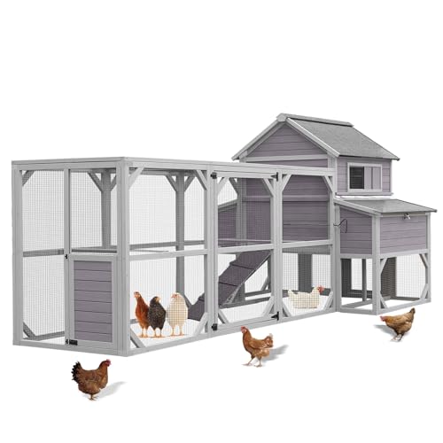 Aivituvin Extra Large Chicken Coop for 8-12 Chickens, Reinforced Outdoor Wooden Hen House with Run, 6 Nesting Boxes, Easy Clean Pull-Out Tray, Waterproof Asphalt Roof - Grey, 134.5"L x 33.5"W x 62.4"H - size: 134.5"L x 33.5"W x 62.4"H