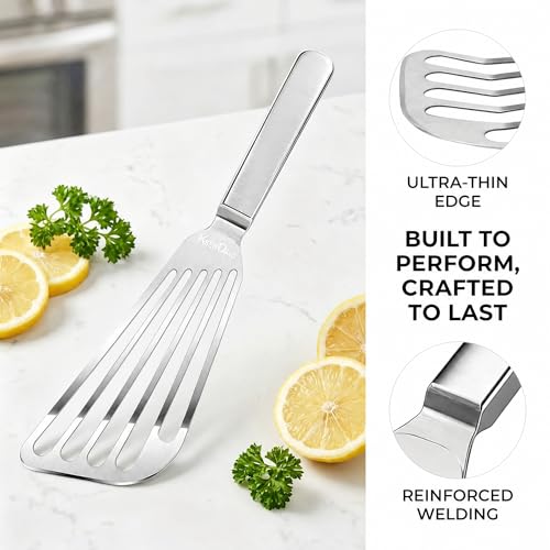 2 Pack Flexible Fish Spatula Stainless Steel for Kitchen | Egg Turner Flipper, Thin Edged Slotted Angled Blade, 1 Hollow Steel Handle & 1 POM Plastic Handle