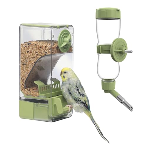 Bird Feeder Water Dispenser Set, Automatic Cage Feeder with Perch for Parakeet Canary Cockatiel Finch Budgie (Green)