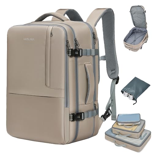 MOLNIA 50L Expandable Travel Backpack for Women Men, Carry On Travel Essentials, Flight Approved Fits 21 Inch Laptop Backpack, Waterproof Business Suitcase Weekender Backpack, Beige - color: Beige With Packing Cubes