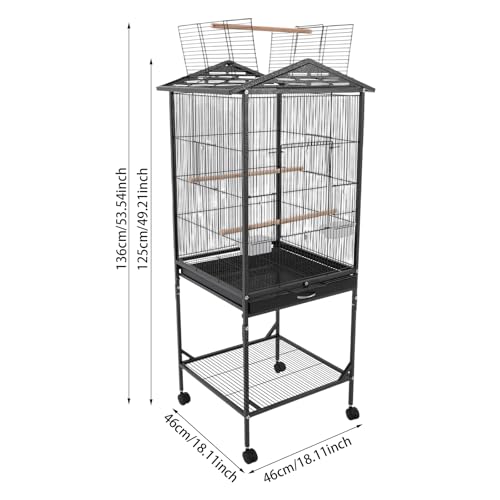 Bird Cage, 18.11 x 18.11 x 49.21 Inch Mobile Bird Flight Cage Large Metal Parakeet Cage w/Slide-Out Tray & Storage Shelf for Budgerigars Lovebirds Kea Parrots & Sun Conures - color: Black, size: 18.1"L x 18.1"W x 49.2"H