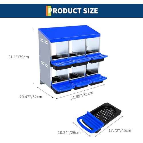Chicken Nesting Box, 6-Hole Roll Away Egg Laying Box with Lid, Galvanized Steel Rustproof Design - Easy Egg Collection, Easy Clean Wall-Mountable Without Bracket, Blue - color: blue, size: 32.1"L x 16.9"W x 26.6"H