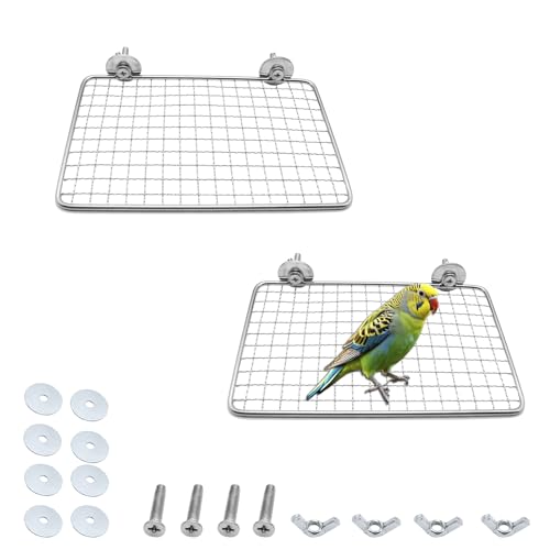 2 Pack Parrot Perch Platform,7.9x5 in Stainless Steel Shelves for Bird Cage,Flat Platform Training Stand Small Animals Cage Accessories, Lovebirds,Parakeets,Budgies, Conures, Cockatiels