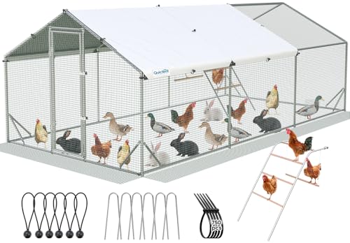 Quictent Large Metal Chicken Coop Run for 30+ Poultry w/Metallic Perch | Side Hardware Cloth & Cover, Advanced Series Outdoor Walk-in Cage Hen Duck Rabbit Dog Pen Yard Farm House, 18x9x6.6FT - color: Metallic, size: 214.5"L x 107.3"W x 78.0"H