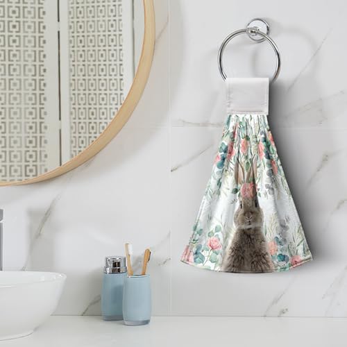 Bunny Eucalyptus Leaves Flowers Easter Kitchen Towels with Hanging Loops Spring Holiday Decoration Rabbit Floral Hanging Hand Towels Set of 2 Dish Towel Soft Absorbent Bath Tie Towels - color: Bunny Eucalyptus Leaf Flowers