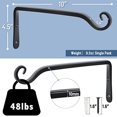 Wall Hooks for Hanging Plants 10 Inch - 2 Pack Heavy Duty Metal Plant Brackets, Holds 48 lbs, Rust Resistant Black L-Shape Hooks for Indoor Outdoor Decor - color: Black-L, size: 10 Inch