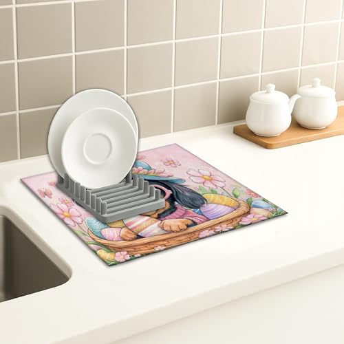 Easter Floral Dish Drying Mats for Kitchen, Cute Dog with Eggs Absorbent Dish Rack Mat, Spring Fanciful Microfiber Drying Pad for Counter Protector 16x18 Inch - size: 18" x 16"
