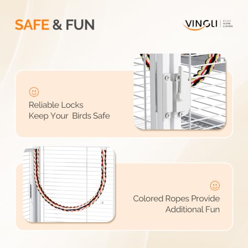 VINGLI Small Bird Cage, 19 inch Travel Carrier Bird Cage with Handle, Wrought Iron Parakeet Cage with Wooden Perch for Parrot Lovebirds Finches Small/Medium Birds (White) - color: White