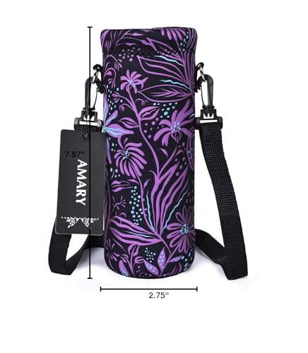 AMARY 500ML Neoprene Water Bottle Carrier Bag with Adjustable Shoulder Strap,Insulated Water Bottle Cover for Stainless Steel/Glass/Plastic Bottles 16.9OZ (Flowers-2) - color: Flowers-2