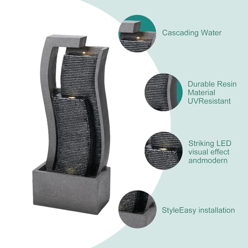 34" Outdoor Water Fountain - Durable Polyresin Modern Style Waterfall with LED Lights & Adjustable Pump, Serene Water Fountain Outdoor for Garden, Patio, Deck, and Backyard Decor (34.06") - size: 34.06"