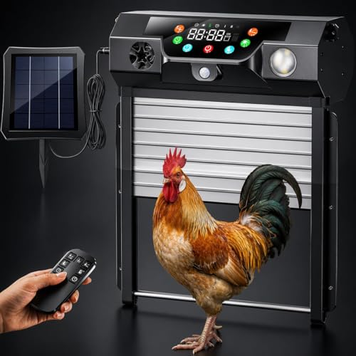 Automatic Chicken Coop Door Solar Powered, Roll-Up Chicken Door with Timer & Light Sensor, Anti-Pinch Safety Auto Chicken Door with Remote Control, Weatherproof Aluminum Coop Door (Black)